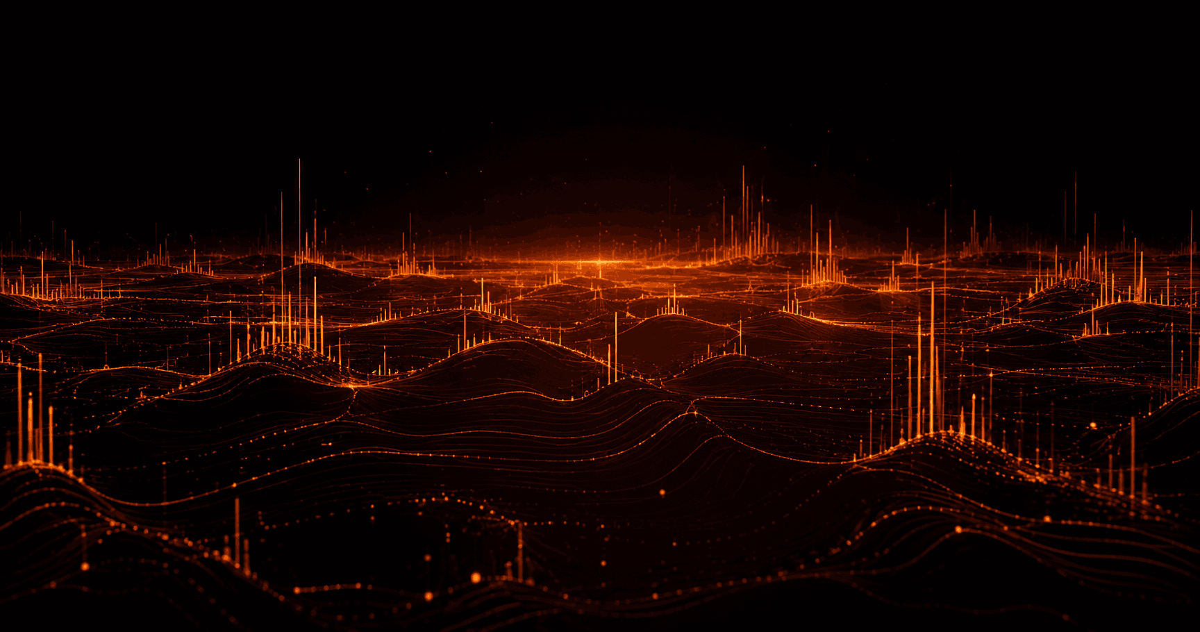 Eine abstrakte Klanglandschaft aus orangefarbenen Linien auf dunklem Hintergrund, die das Panorama der Musik-KI 2026 darstellt