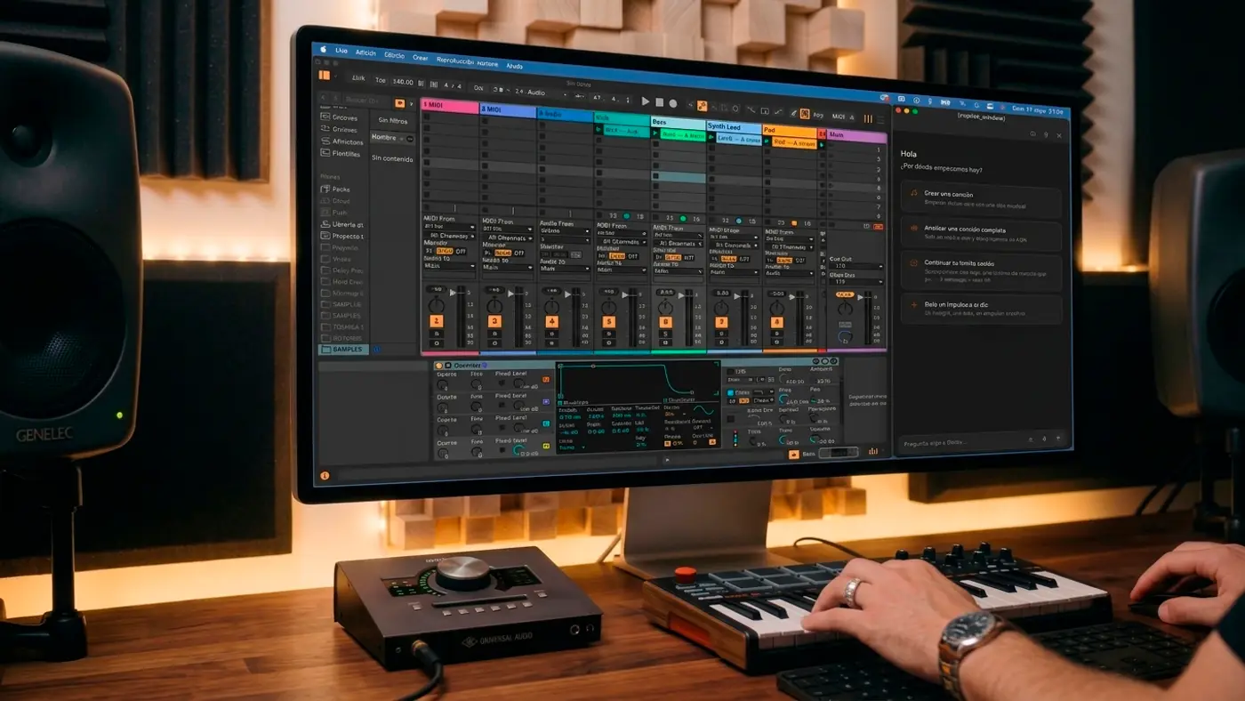 Deloy AI läuft in Ableton Live und zeigt das Copilot-Panel mit Tracks elektronischer Musik